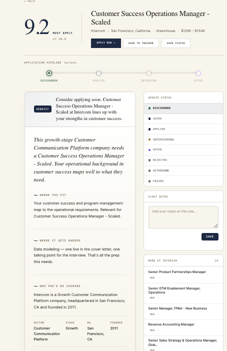 Full scouting report for the same Intercom role, showing the Verdict, italic lede, three editorial sections (Where You Fit, Where It Gets Harder, Who You'd Be Joining), and a receipts row with sector, stage, HQ, founded.